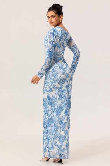 Blue & White Floral One-Shoulder Long Sleeves Drawstring Maxi Dress with High Slit